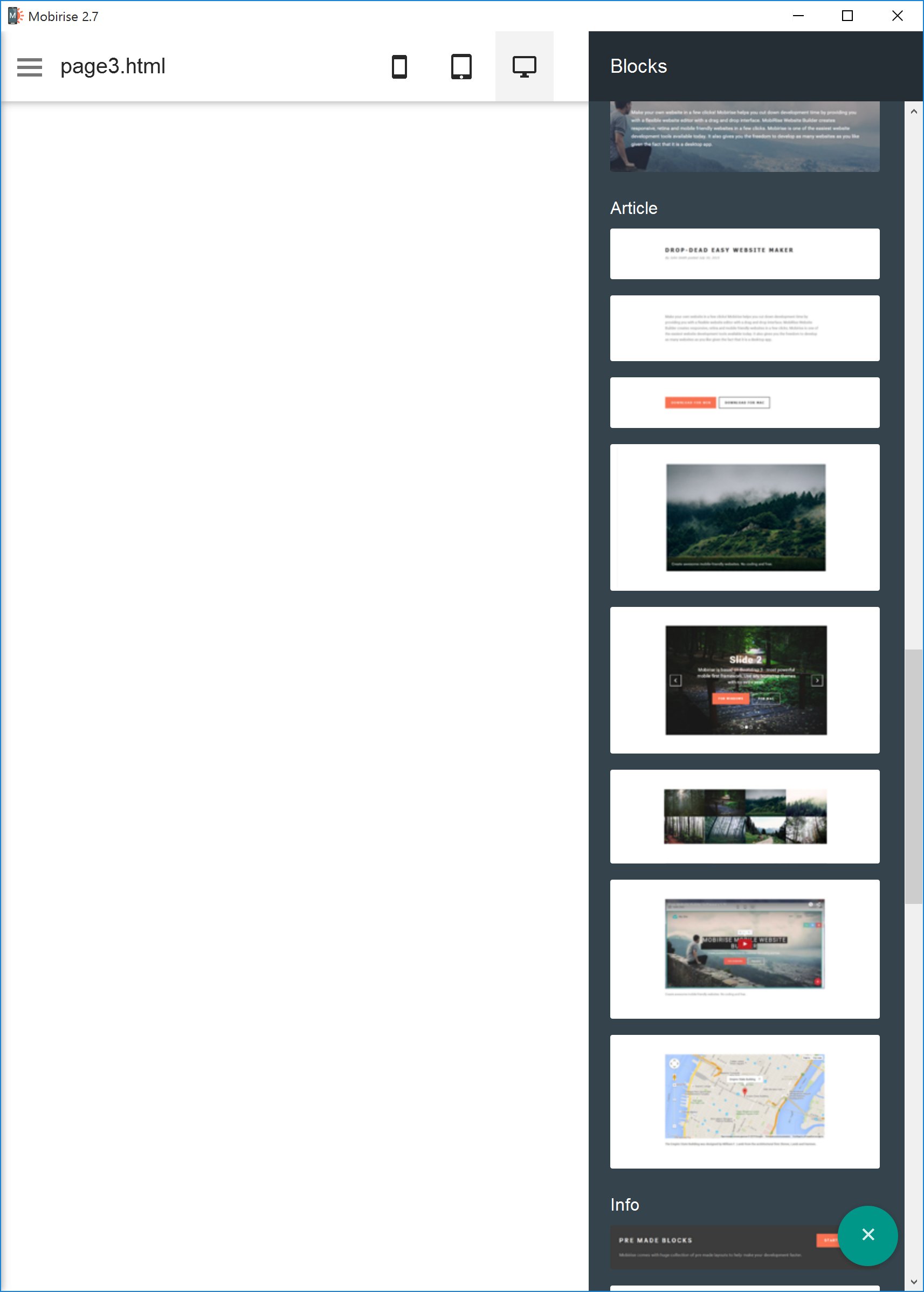 Antes de poder utilizar Mobirse, tiene que descargarlo e instalarlo. Con Mobirise usted no tendrá que registrarse ni divulgar ningún tipo de información para iniciar la descarga.